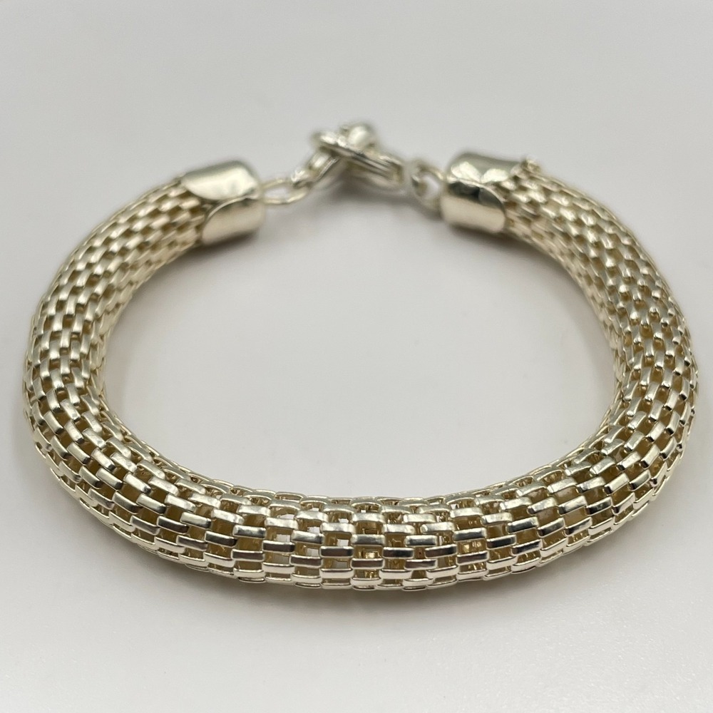 Vintage Y2K Silver Tone Mesh Bracelet Chunky Woven Gate Link Chain Statement